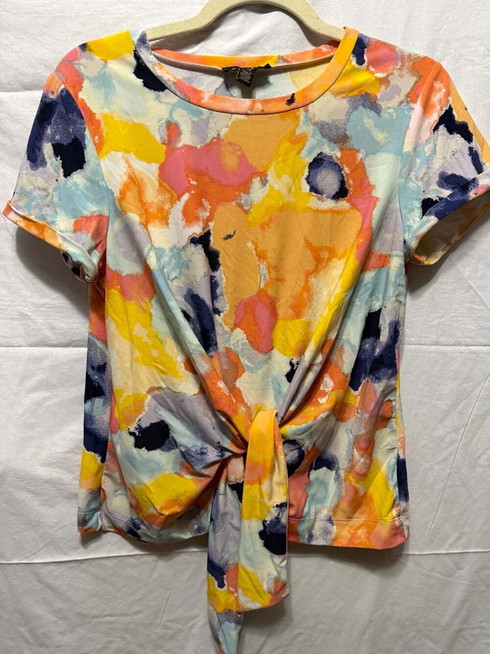 Multicolor Abstract Watercolor Print Tie-Front Short Sleeve Top